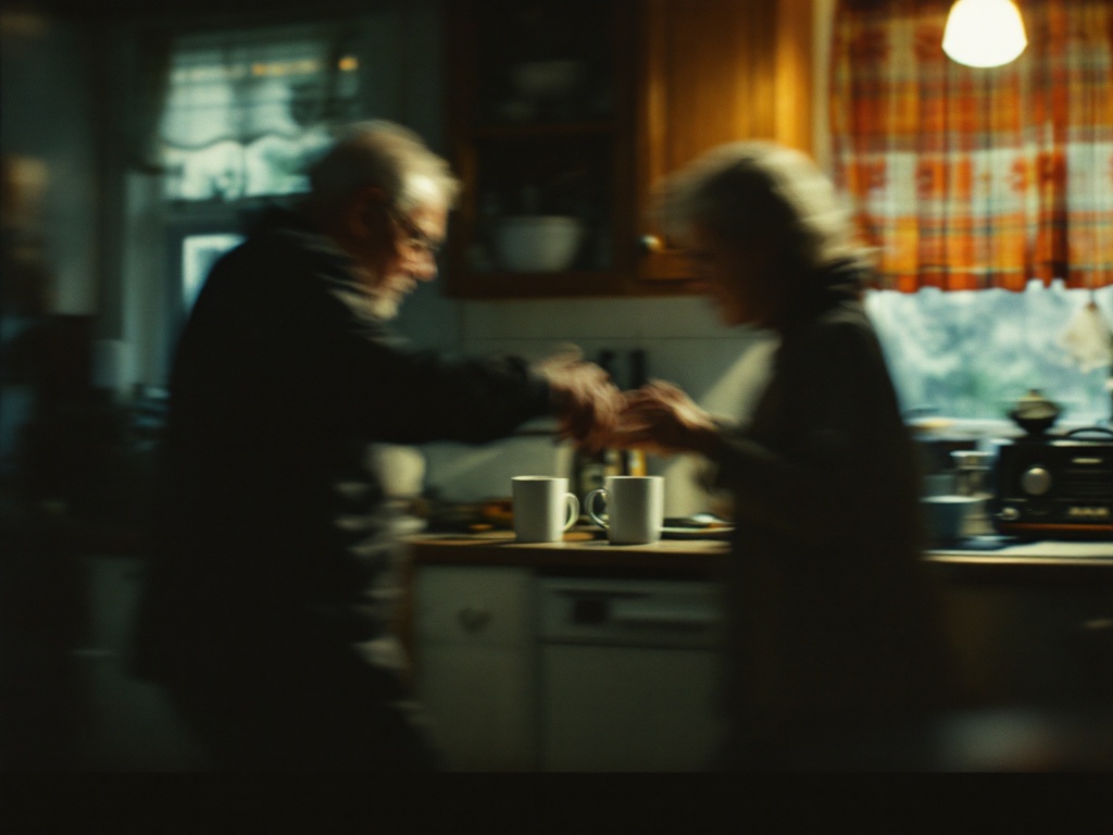 A kitchen at night with two mugs and a radio on the counter