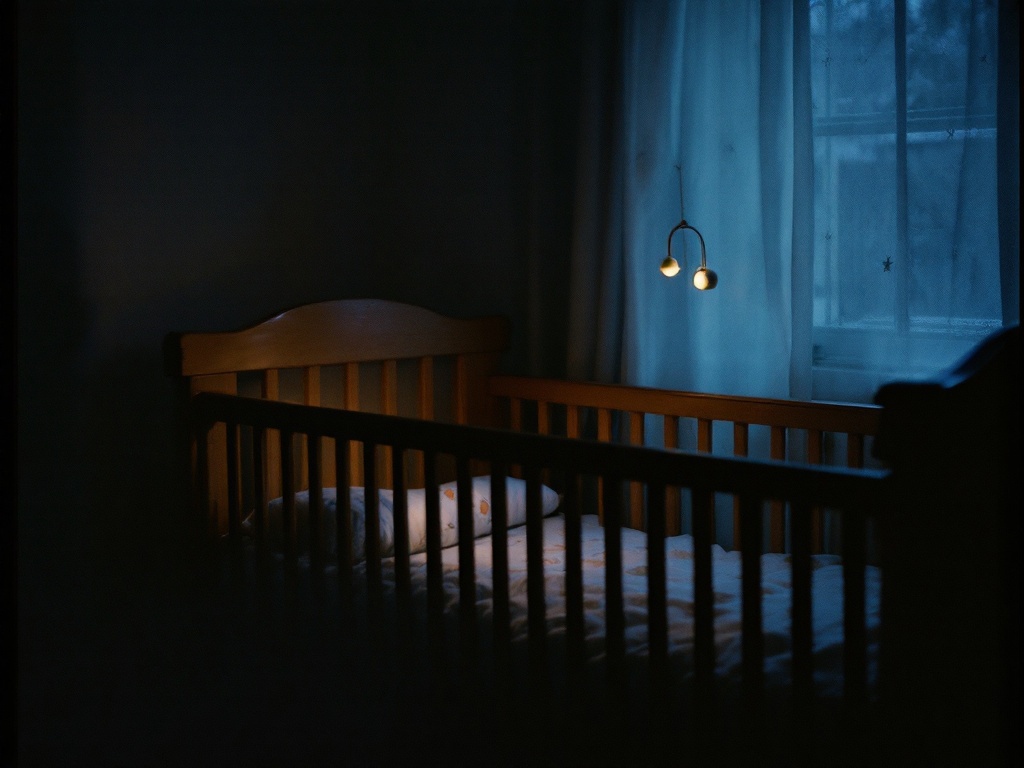 A wooden crib in a dim nursery with a small nightlight glowing
