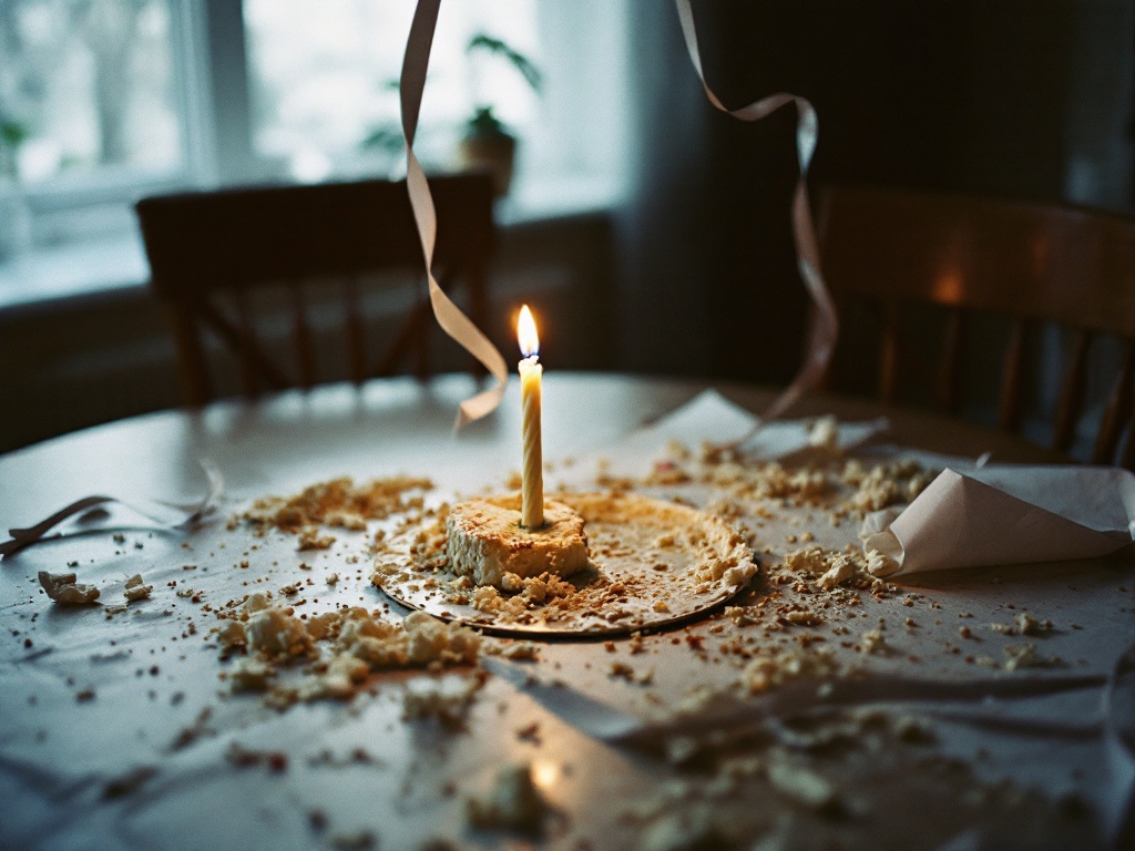 A kitchen table after a birthday with one candle still lit on the cake