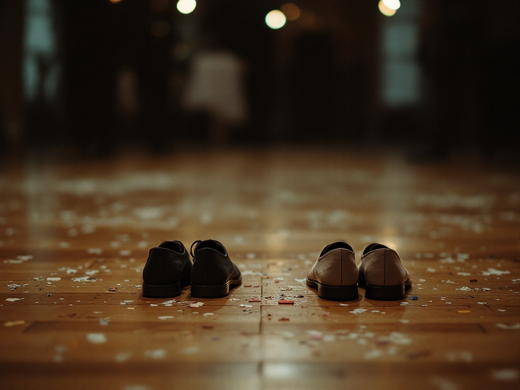 Two pairs of shoes on a wooden dance floor under string lights